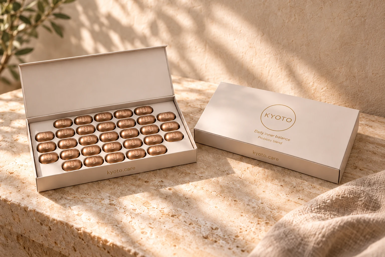 Beige Kyoto-verpakking met champagnebronzen capsules op natuursteen in warm daglicht